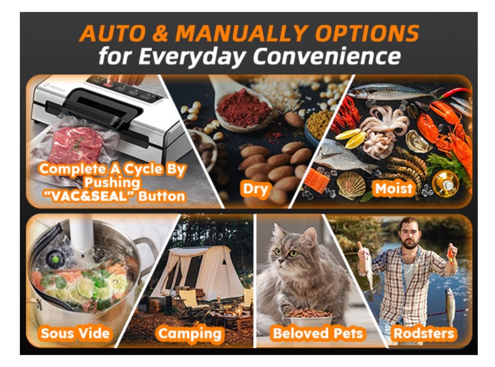 A series of pictures showing what you can apparently do with your new vacuum sealer, including dry, moist, sous vide, camping, beloved pets and, er, “Rodsters”.