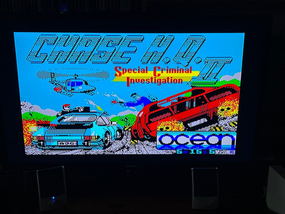 The loading screen of Chase HQ II on the ZX Spectrum. It… doesn’t look very nice.