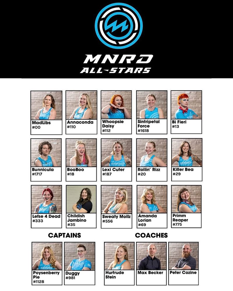 MNRD All-Stars roster:
MadLibs #00
Annaconda #110
Whoopsie Daisy #112
Sintripetal Force #1618
Bi Fieri #13
Bunnicula #1717
BooBoo #18
Lexi Cuter #187
Rollin’ Rizz #20
Killer Bea #29
Lefse 4 Dead #333
Childish Jambino #35
Sweaty Mollz #556
Amanda Lorian #69
Primm Reaper #775
Captians:
Poysenberry Pie #1128
Duggy #981
Coaches:
Hurtrude Stein
Max Becker
Peter Cozine