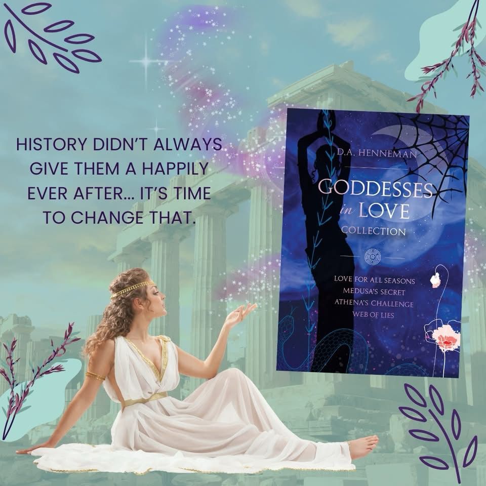 Decorative Image of a Goddess pointing to a book cover for Goddesses in Love by DA Henneman. 