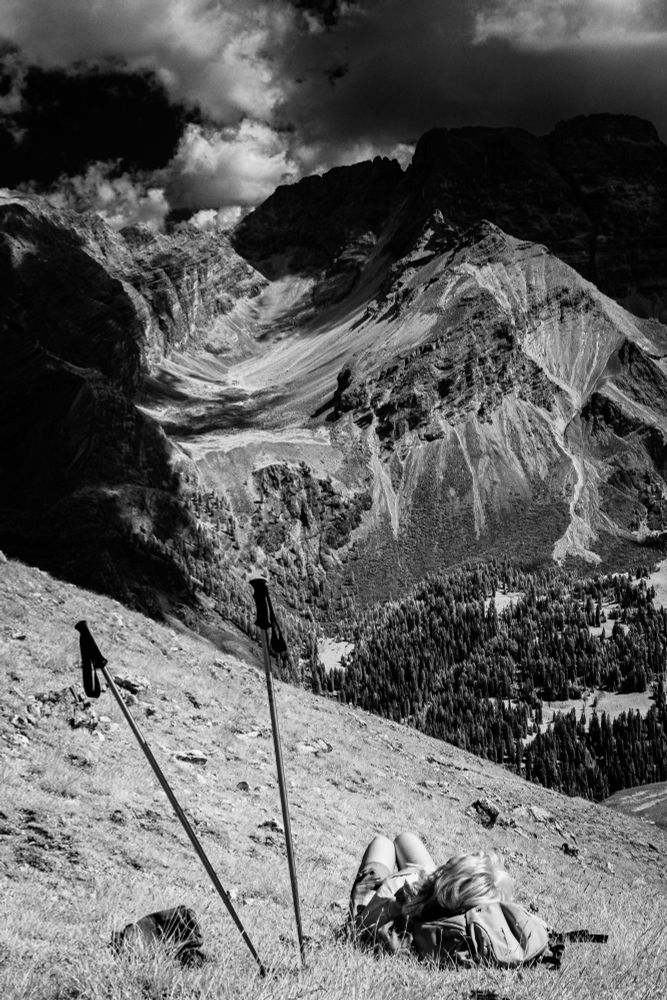 Infrared monochrome picture from Ra Stua in the summer. It’s near Cortina d’Ampezzo in the Dolomites. The photo is shot with an Hoya 720nm Infrared filter.
The Dolomites are an UNESCO World Heritage Site.