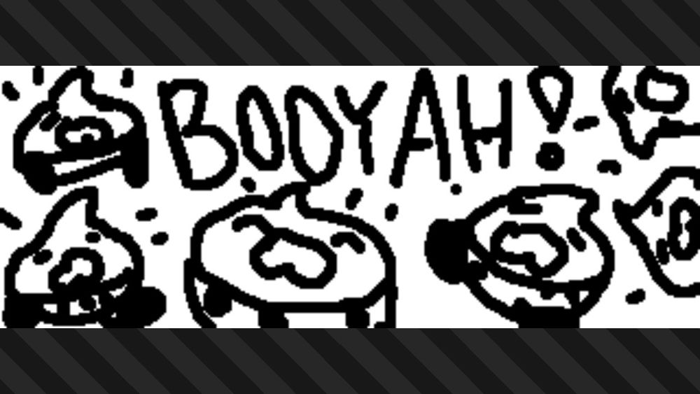 A drawing of a group of Strollin' Stus celebrating 2 years of Splatoon 3 saying "Booyah!"