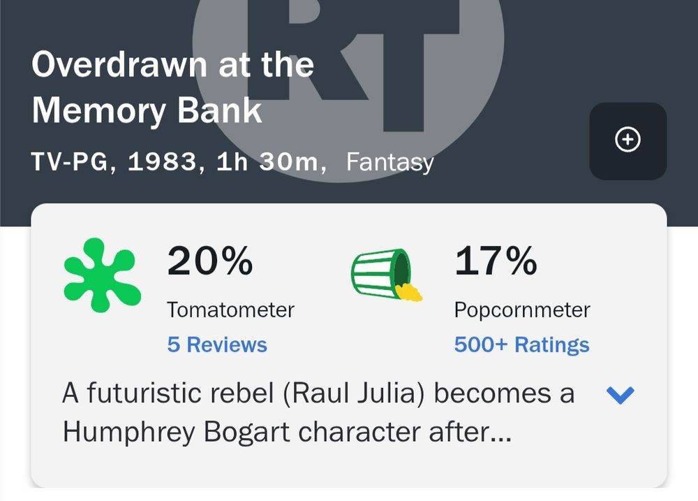 Overdrawn at the Memory Bank (1983) starring Raul Julia. Scores 20% with critics and 17% with audiences on Rotten Tomatoes
