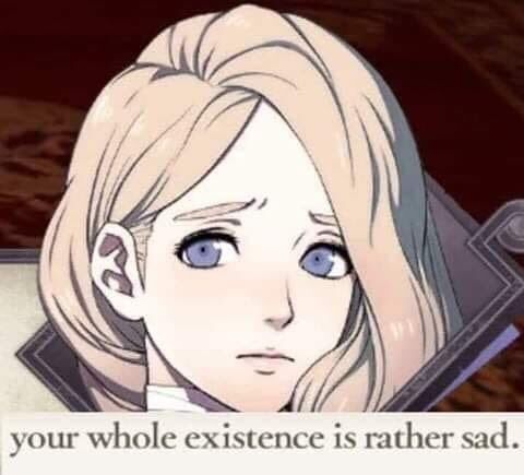 Image of Mercedes from Fire Emblem Three Houses looking disappointed with the text "your whole existence is rather sad."