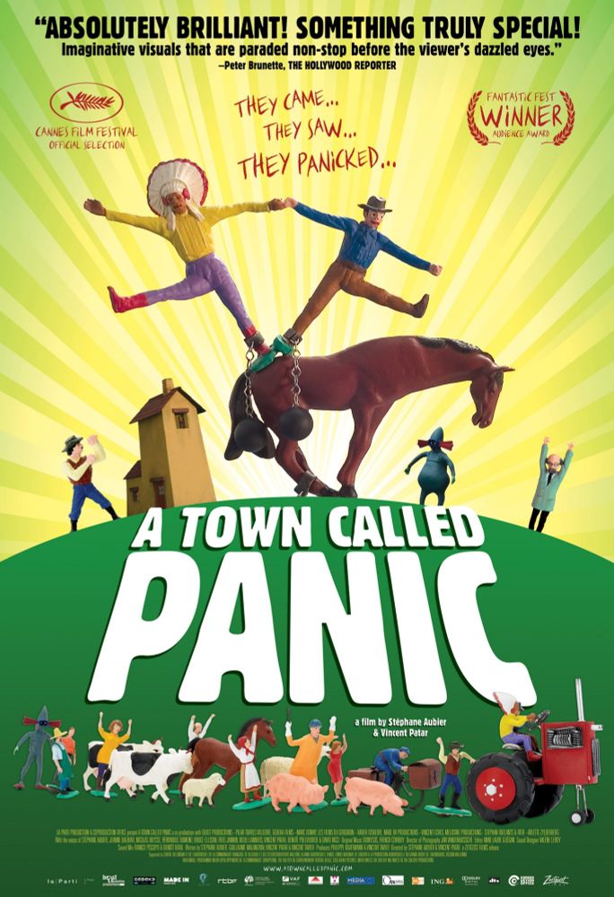 Poster for the film A Town Called Panic featuring the cast of plastic figurine characters including a Horse, Cowboy, and "Indian"