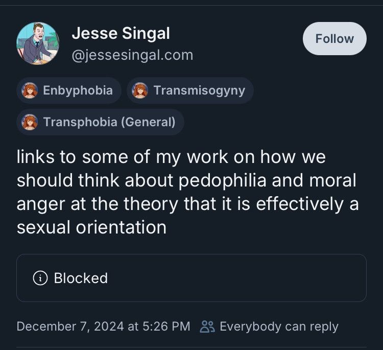 Jesse Singal posting his work promoting pedophilia on the bluesky app.