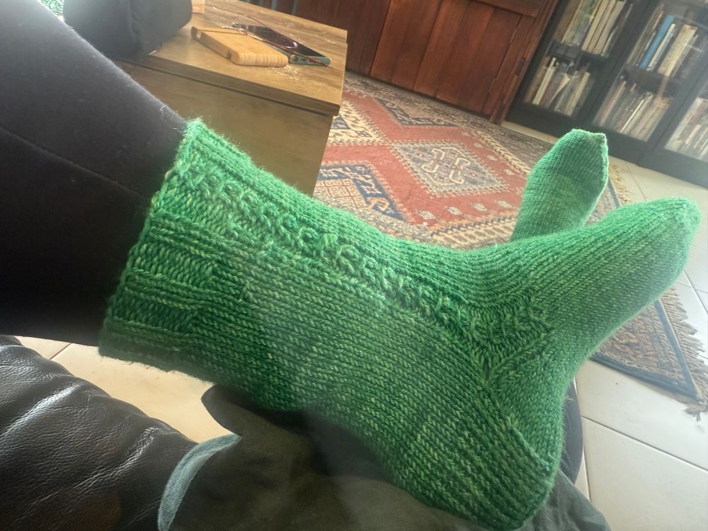 Hand knit green socks with a faux cable down the side. On my feet. There’s two of them!