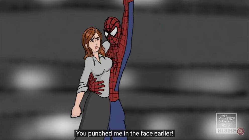 Spider-Man holding onto Mary Jane while hanging from a web at the end of the How It Should Have Ended episode on Spider-Man 3. Mary Jane stares discontent at Spider-Man saying "You punched me in the face earlier!"