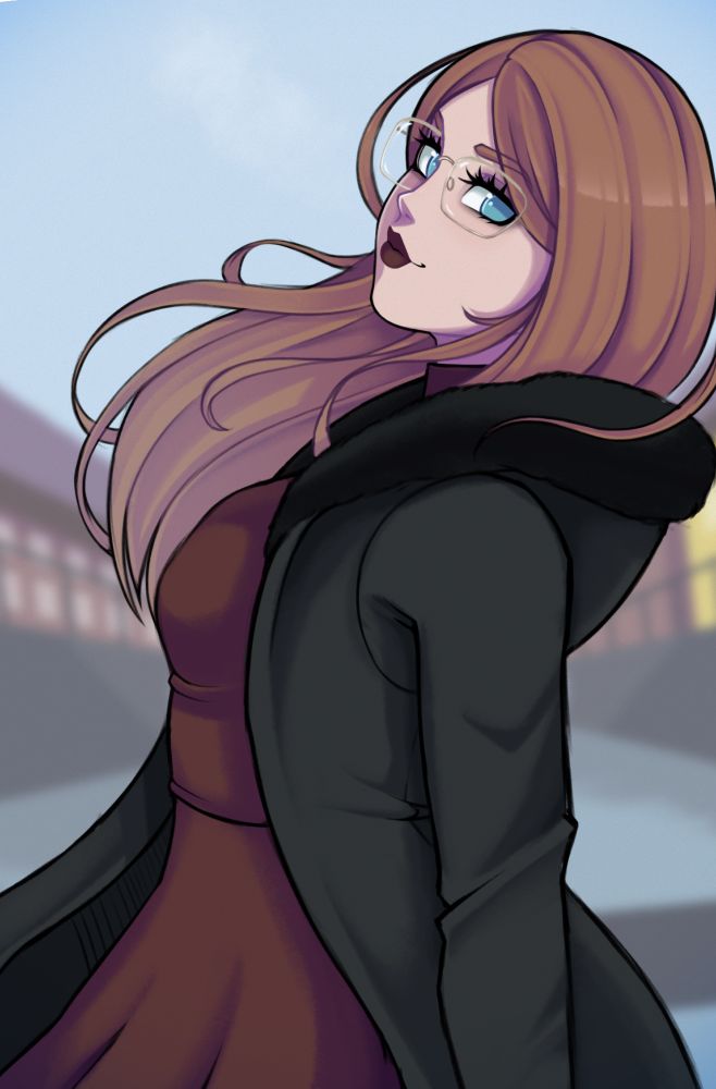 a drawing of me standing on a bridge over a canal in copenhagen, wearing a black parka with a furry black hood, a dark red dress and gold-framed glasses, with my hair blowing in the wind