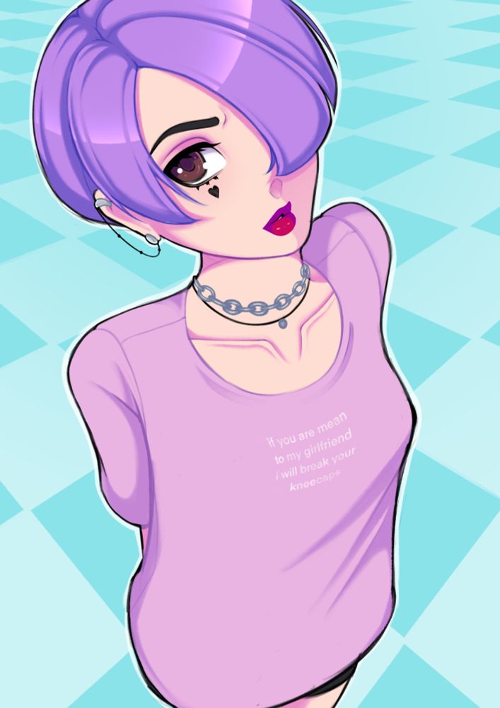 a drawing of my character Nellie - her hair is shorter than in the past, with a short bob that barely covers her ears. she is a short-statured pale woman with bold red lipstick, newly-dyed lavender-purple hair and a pale pink t shirt with a graphic that reads “if you are mean to my girlfriend i will break your kneecaps”