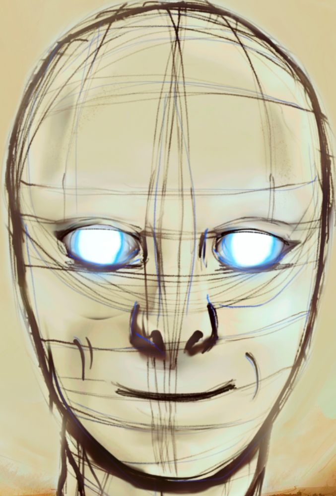 A sketch-style head with glowing eyes