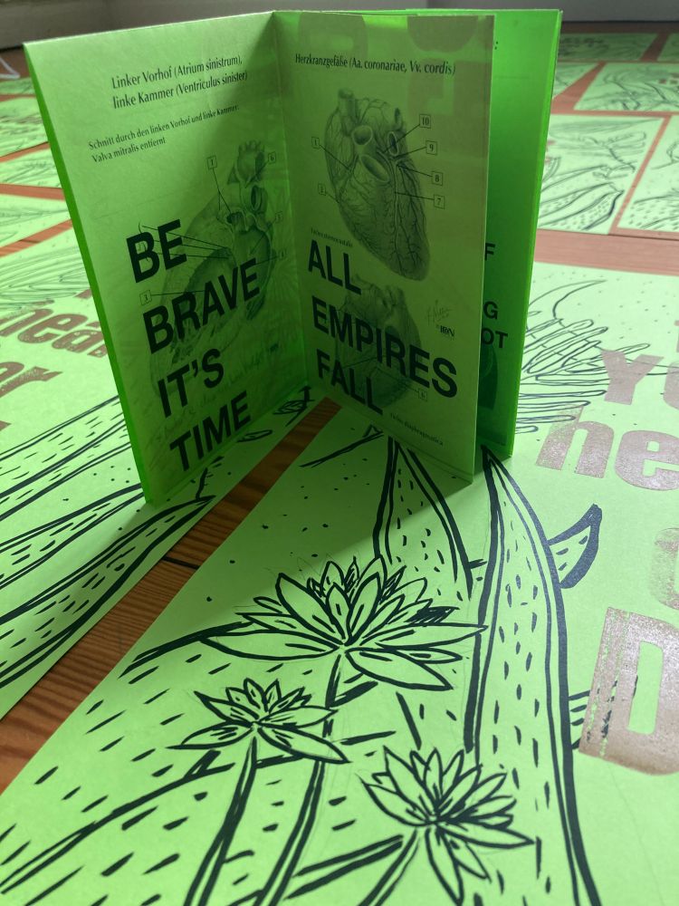 one inside spread of the zine that i made, one page says "be brave it's time" and one page says "all empires fall"