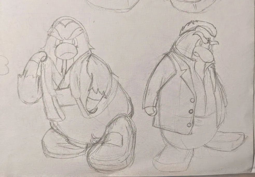 A traditional pencil drawing of Sotaro Komaki (or Komaki Sotaro) on the left and Kazuma Kiryu (or Kiryu Kazuma) on the right as penguins in the style of Club Penguin. Komaki here has a long straight beard, thick eyebrows and slicked-back hair with a prominent widow's peak. He is wearing a hanjuban under a uwagi keikogi, baggy pants, tabi socks, rain boots, fingerless gloves, and a white towel with a blue dot pattern worn over his neck. The sleeves of his uwagi keikogi look ripped and jagged. Komaki is positioning his flippers and feet as if preparing for an incoming battle. Kiryu has slightly thick slicked-back hair and slightly sharp and thick eyebrows. He is wearing a jacket over a shirt with its chest area slightly unbuttoned. Kiryu's feet are in a V-shape and his seen flipper is curled up to a fist in a way that implies that he is preparing for something, and his head is tilted down while he looks at the camera, stern and cautious. Both Komaki and Kiryu are drawn looking alert and ready for something.