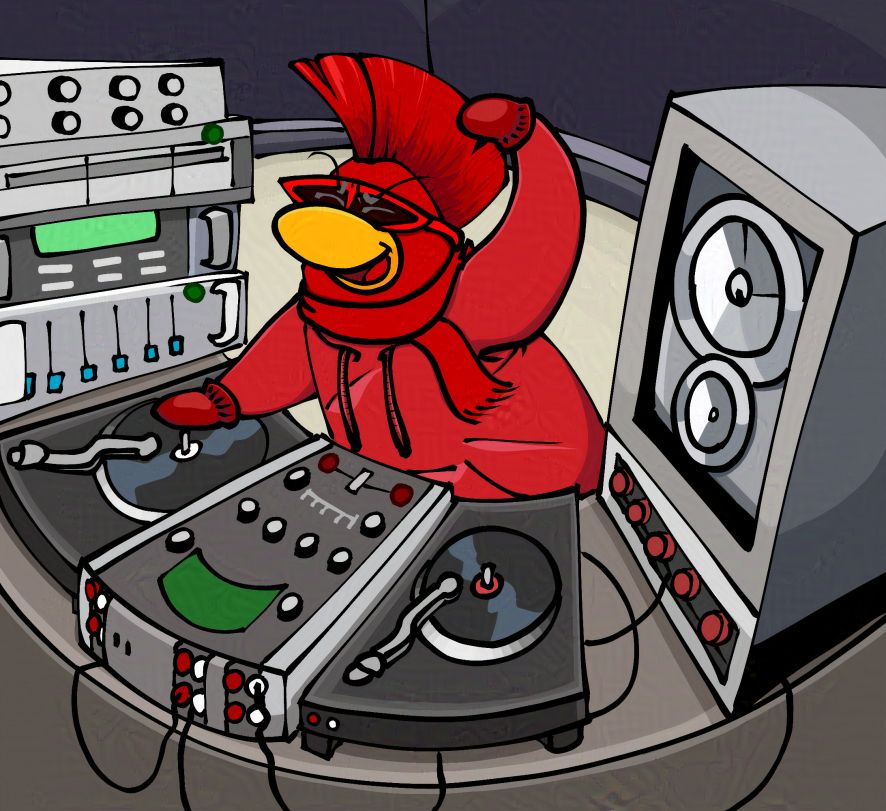 A digital illustration of a red Club Penguin-style penguin manipulating a turntable at a DJ booth. They are wearing a red mohawk wig, red-framed sunglasses, a red scarf, a red hoodie and red mittens. The DJ booth consists of two turntables, a mixer between them, a speaker with  on the left of the booth and various CDJs on the right of the booth. The penguin looks rather committed to his music mixing.