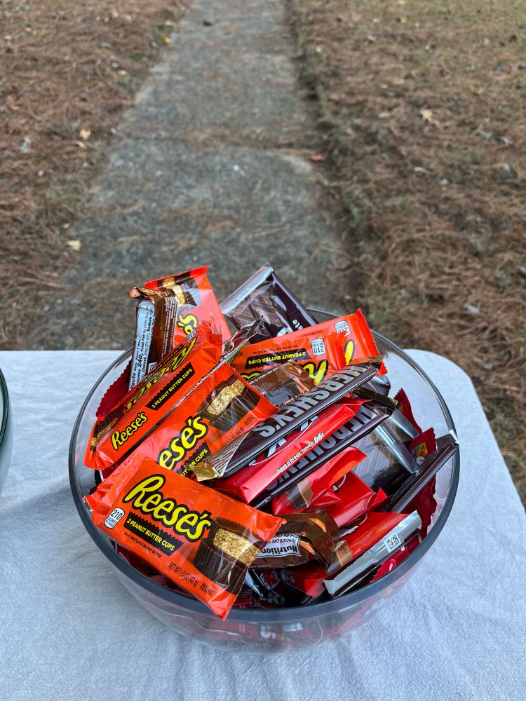 Full size candy bars in a bowl because it is Halloween. 