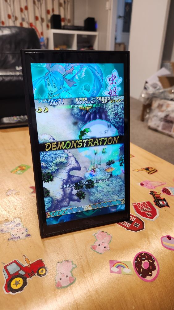 Mushihimesama running on Switch 2 in tate (vertical) mode