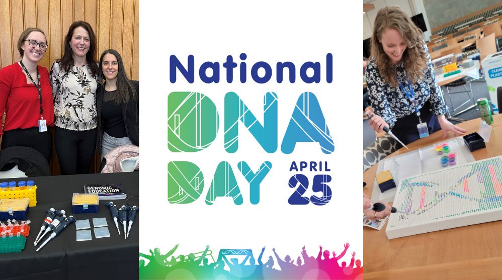 Graphic with dark blue and light green to light blue gradient graphic text on white background reads, "National DNA Day April 25." Alexa Wnorowski, Sarah Wojiski and Erica Gerace, JAX Genomic Education team members, are pictured standing at a table together on the left of the graphic, and Christina Vallianatos, a JAX Genomic Education team member, pipetting into a DNA helix plate on the right of the graphic.