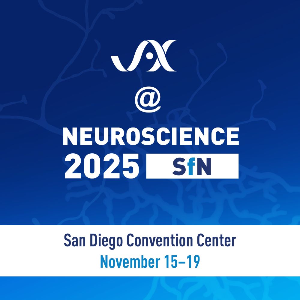 Graphic with a blue gradient background and faint neuron illustrations. The JAX logo appears at the top, followed by text: ‘@ Neuroscience 2025 SfN.’ Below, a white banner reads: ‘San Diego Convention Center, November 15–19.’”
