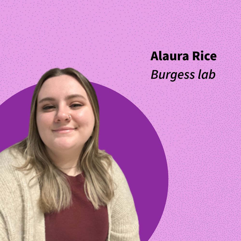 Purple graphic with dark purple circle reads, "Alaura Rice | Burgess lab" with Alaura's headshot.