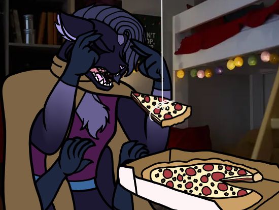 A four-armed, purple, cat-like alien girl pretends to use telekinesis to eat a slice of pizza tied on a string, based on a similar image of a man in a similar pose