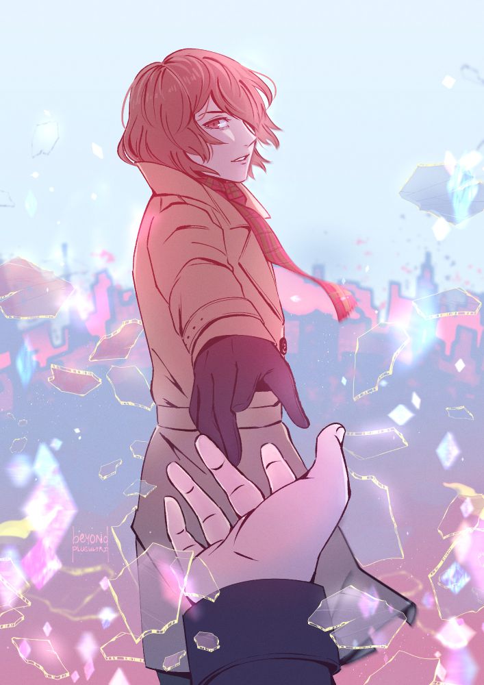 Goro stands clear in view, smiling. Akira's hand can be seen letting Goro's hand go. Everything is bright and soft, with a city skyline in the background, and glass shattering all around them as though an illusion has been broken.