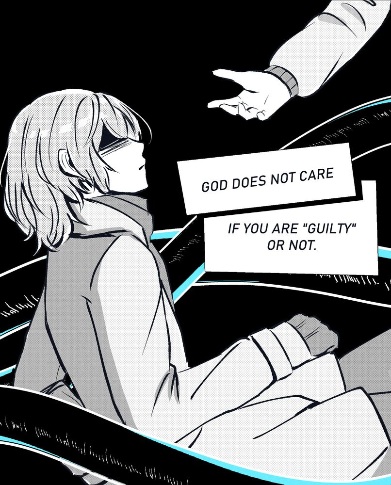 Page 2 of 7

The viewer turns out to be Akechi, sitting on the floor and looking up at Maruki's outstretched hand with an unreadable expression. Azathoth's tentacles surround him.

Dialogue: GOD DOES NOT CARE IF YOU ARE "GUILTY" OR NOT.