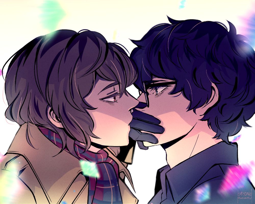Profile view of Akira and Goro, their faces close together. Goro's gloved hand covers Akira's mouth. He's kissing Akira over his own hand. There are tears in Akira's eyes. The gems of desire from Royal's opening fall around them, but they only have eyes for each other.