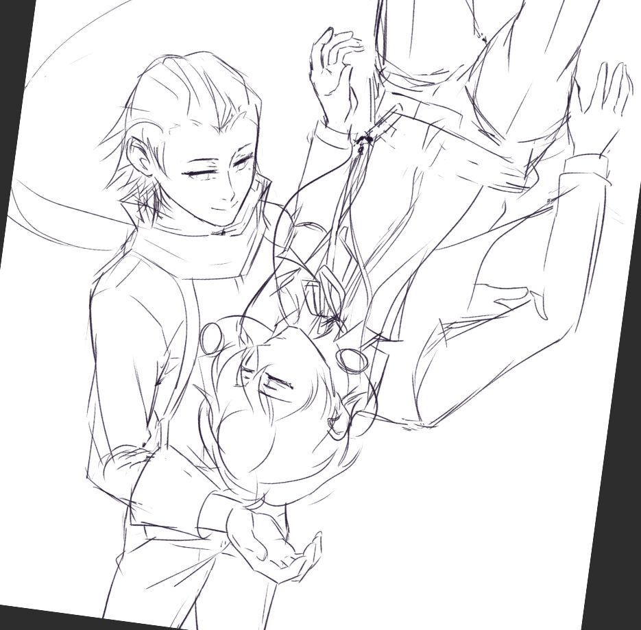 A rough, uncolored sketch of Ryoji catching an unconscious Minato as the latter falls down through water. Ryoji has a soft smile on his face.