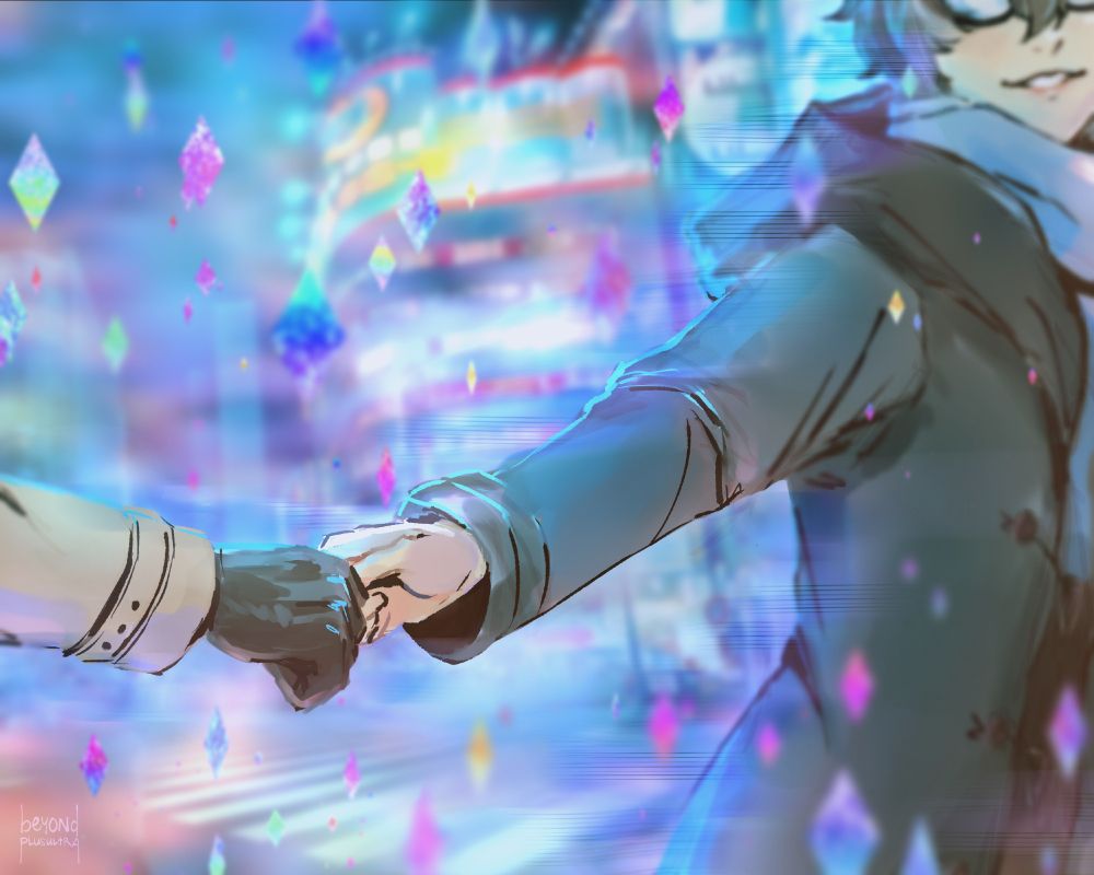 A dreamy shot of Shibuya Crossing. Everything is a little blurry and out of focus. Diamonds are suspended in the air. Akira can be seen, partially out of frame, smiling with his hand extended towards Goro's. Goro's gloved hand is the only part of him that is visible, and it's unclear whether or not they're letting go or just about to hold on.