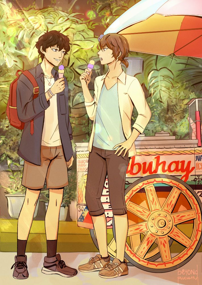 Goro and Akira eating ube and cheese ice cream on a hot summer's day. Both are wearing light summer clothing. The sun shines down hard on them and the mass of foliage behind them as they attempt to cool off. A colorfully hand-painted ice cream cart waits nearby, a popular and familiar sight in the streets of Manila, Philippines.