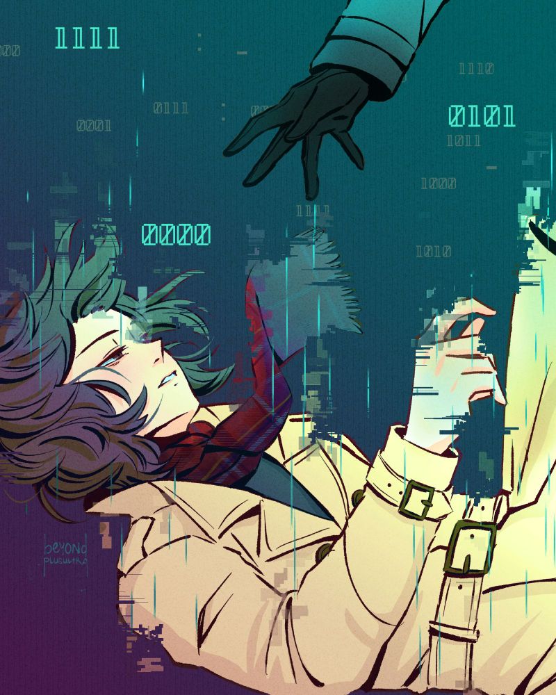 Akechi falls through a void, looking like he's glitching out. His eyes are barely open, his hand almost reaching upwards but not quite, towards Akira's hand that is straining to reach him.