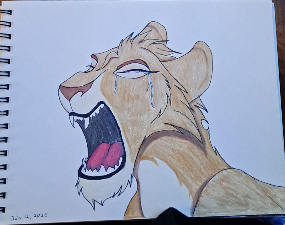 A traditional drawing of a cartoon lioness roaring as tears stream down her face.