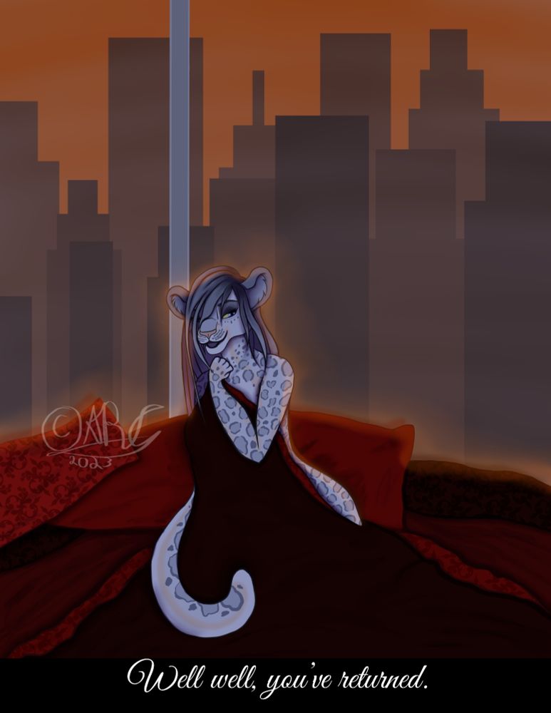 A drawing of a anthropomorphic snow leopard in a bed with red bed sheets and pillows. The sun is setting, giving everything an orange hue. Her body is covered by the blanket on the bed.