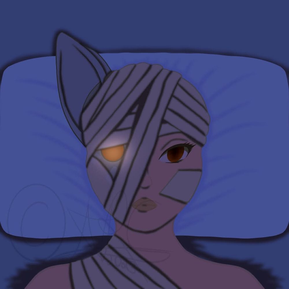 A digital drawing of a woman with a cat ear and a glowing eye. She's laying on a pillow with bandages wrapped around her body and head.