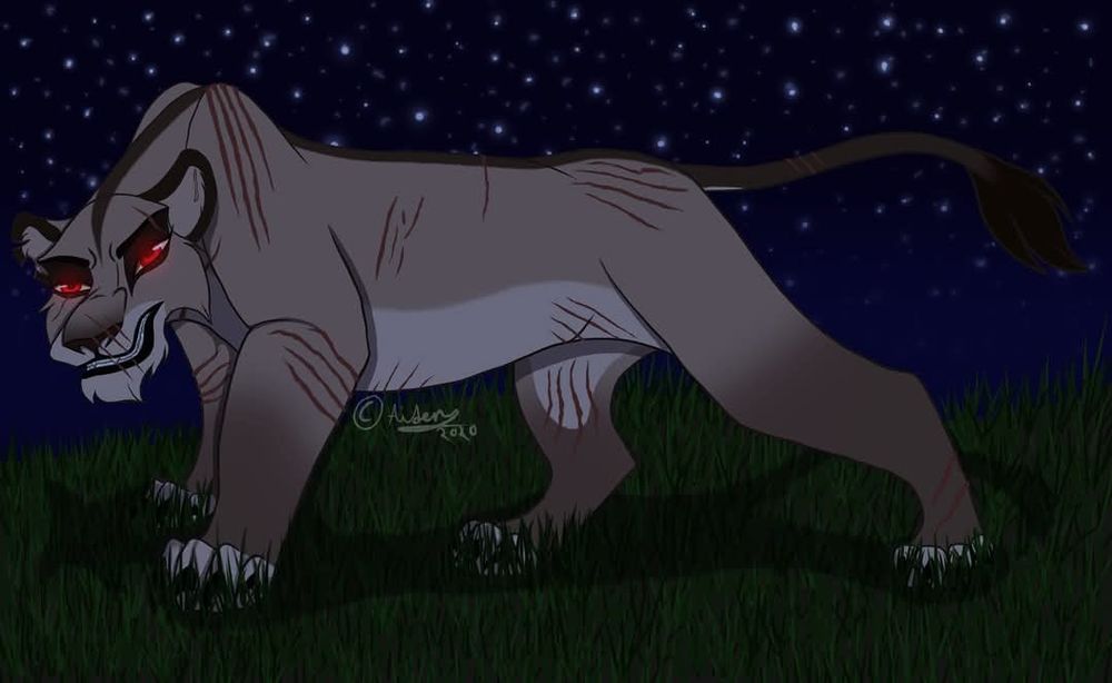A digital drawing of a lioness at night.