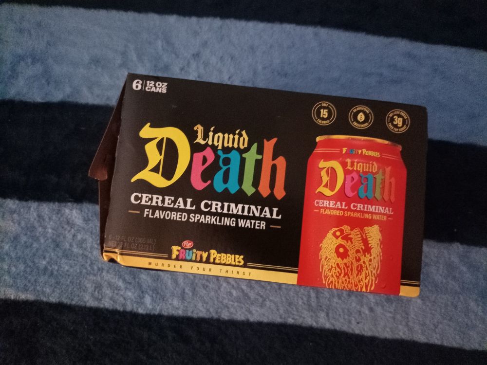 Liquid Death Cereal Criminal (fruity pebbles flavour) cans