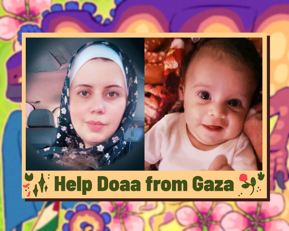 Blurred version of the artwork with a card in front showing a picture of Doaa and her baby daughter Maryam. The card reads "Help Doaa from Gaza".