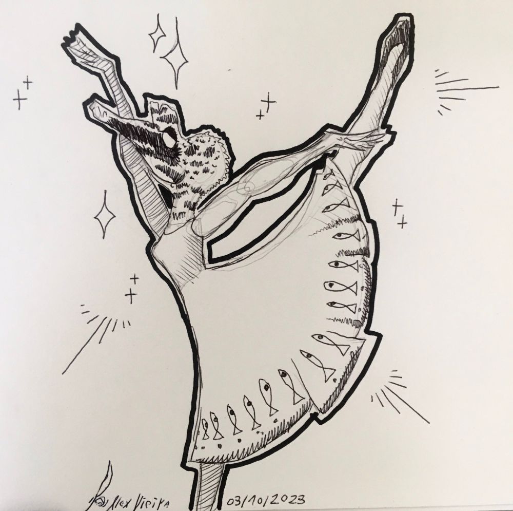 Ink drawing of an anthropomorphic Baryonyx in a dynamic pose, one foot in the air, arms outstretched, and skirt fanning out.