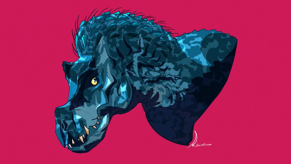 Digitally sketched bust of a tyrannosaur with crocodile-like teeth, quills, yellow eyes, and osteoderms lining its neck and back. The dinosaur is in bluish tones, and the background is a bright reddish pink.