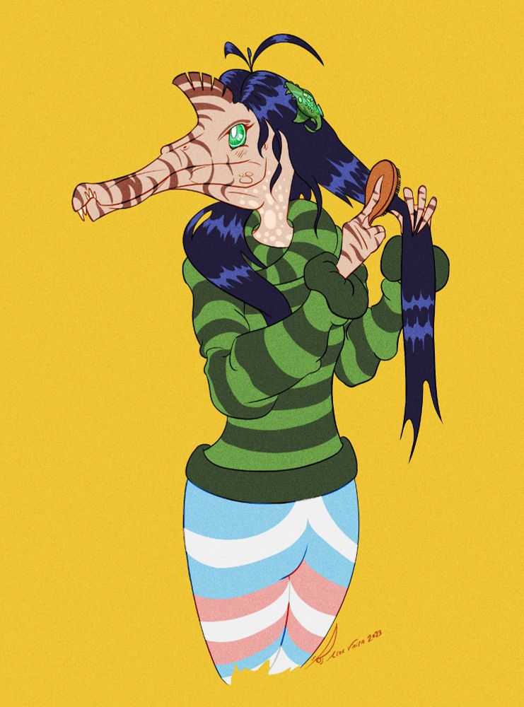 Stylised digital drawing of an anthropomorphic Spinosaurus girl brushing her hair. She has light tan/beige skin, brown stripes, green eyes, and dark blue hair. She is wearing a striped green sweater and trans flag-coloured pants. Her hairclip is a green Onchopristis. The background is yellow.