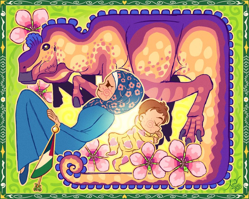 Stylised artwork of a geometric purple, pink, blue, and yellow Maiasaura with its tail wrapped around a Muslim Palestinian woman in a hijab with flowers, and her baby dressed in heart pyjamas sucking on her thumb. There are hairy pink flax flowers around and behind them, and a small Palestinian flag next to the mother.