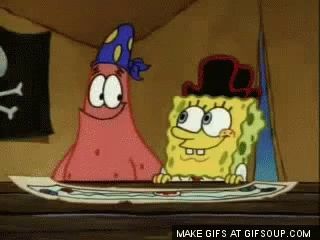 a cartoon of patrick and spongebob standing next to each other with a pirate flag behind them