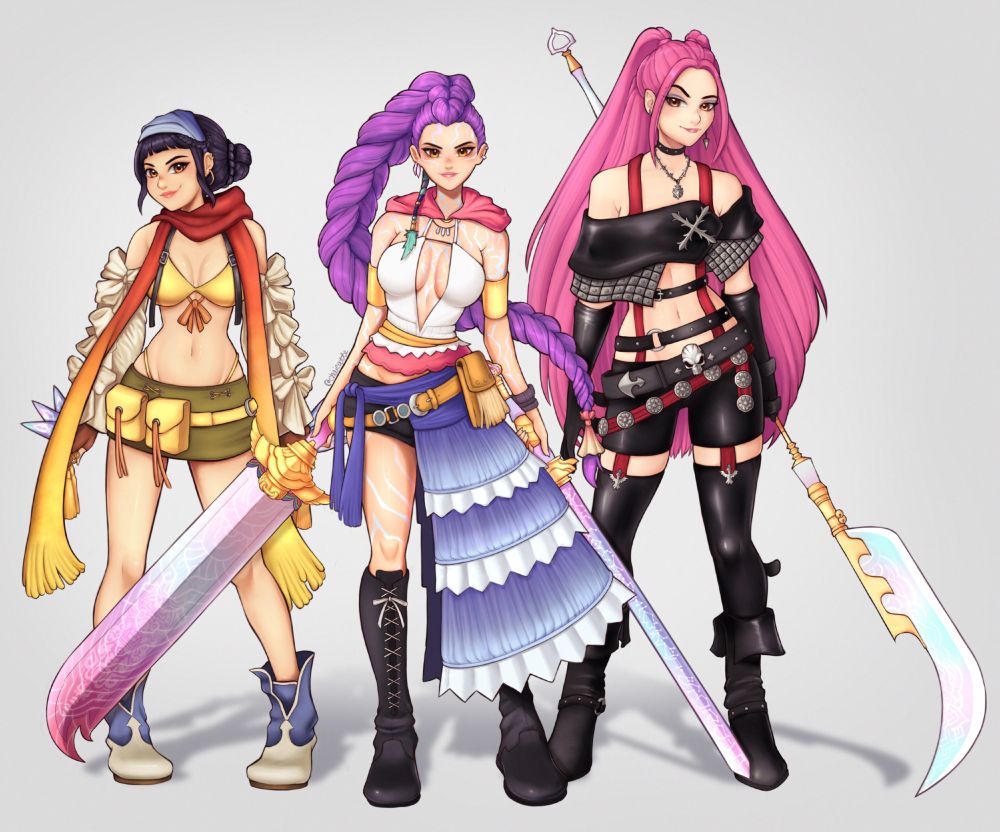 crossover with Rumi, Zoey, and Mira dressed as Yuna, Rikku, and Paine from FFX-2
