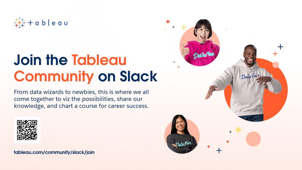 cta slide to join the tableau community on slack, with pictures of three people from around the world and a qr code to scan and join