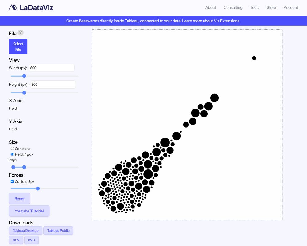 beeswarm chart on an angle generated using LaDataViz adviz beeswarm tool. the way the bubbles are clustered looks similar to a champagne bottle on it's side with a cork popping off to the upper right