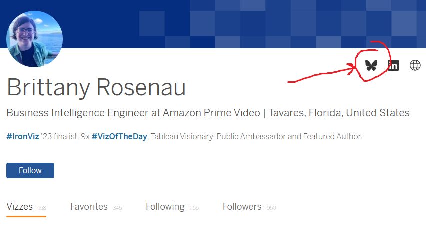 my tableau public profile, with a red arrow drawn in paint pointing to the new bluesky butterfly logo that links to my bluesky profile