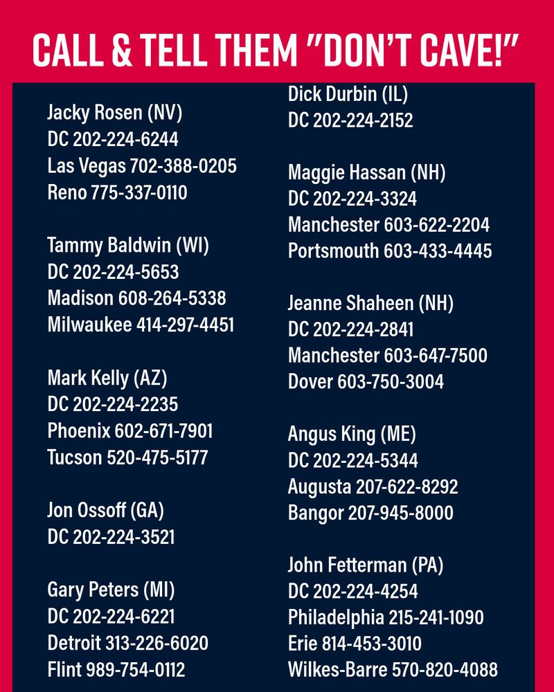 List of contact information for each dem senator who voted with republicans