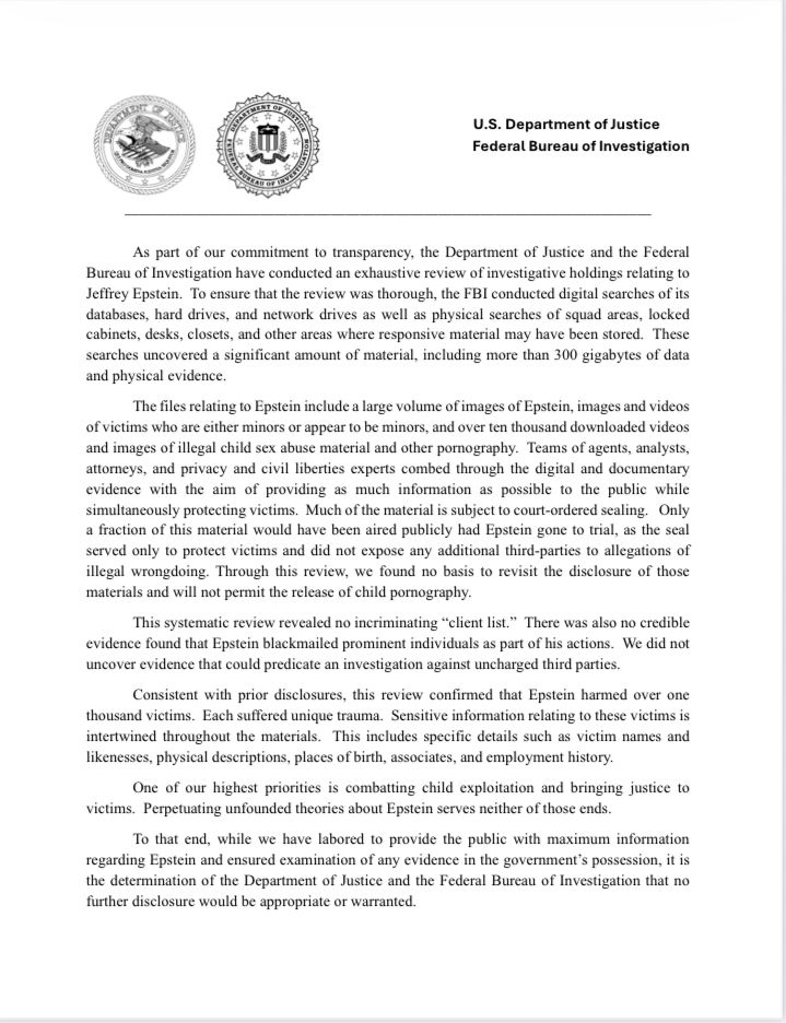 Page one of the two page memo from DOJ and FBI regarding the Jeffrey Epstein files