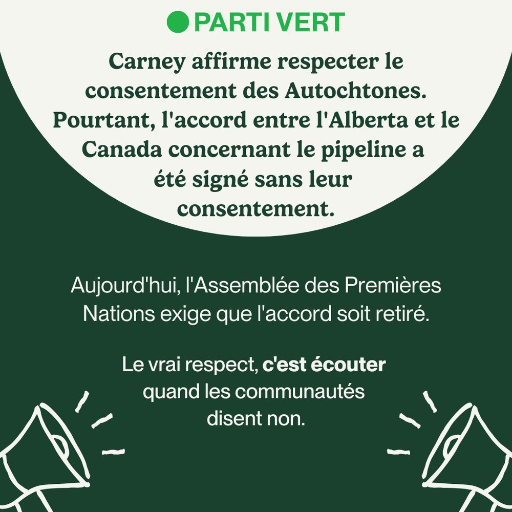 Un visuel de marque du Parti Vert avec un fond vert et un en-tête blanc arrondi. Le texte indique : « Carney affirme respecter le consentement des Autochtones. Pourtant, l'accord entre l’Alberta et le Canada concernant le pipeline a été signé sans leur consentement. Aujourd’hui, l’Assemblée des Premières Nations exige que l’accord soit retiré. Le vrai respect, c’est écouter quand les communautés disent non. » Deux porte-voix illustrés apparaissent dans les coins inférieurs.