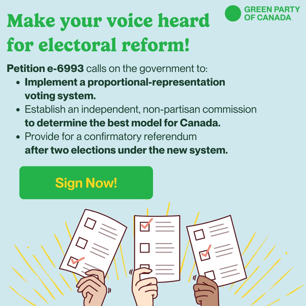Graphic promoting a petition for electoral reform. Text reads: “Make your voice heard for electoral reform! Petition e-6993 calls on the government to implement a proportional-representation voting system; establish an independent, non-partisan commission to determine the best model for Canada; and provide for a confirmatory referendum after two elections under the new system.” A green button says “Sign Now!”. At the bottom, three illustrated hands hold ballots with check marks. Green Party of Canada logo in the top right.